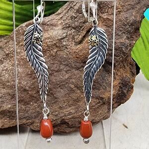 Carolyn Pollack 925 Sterling Brass Coral Single Feather 2.8" Earring Ladybug 10g